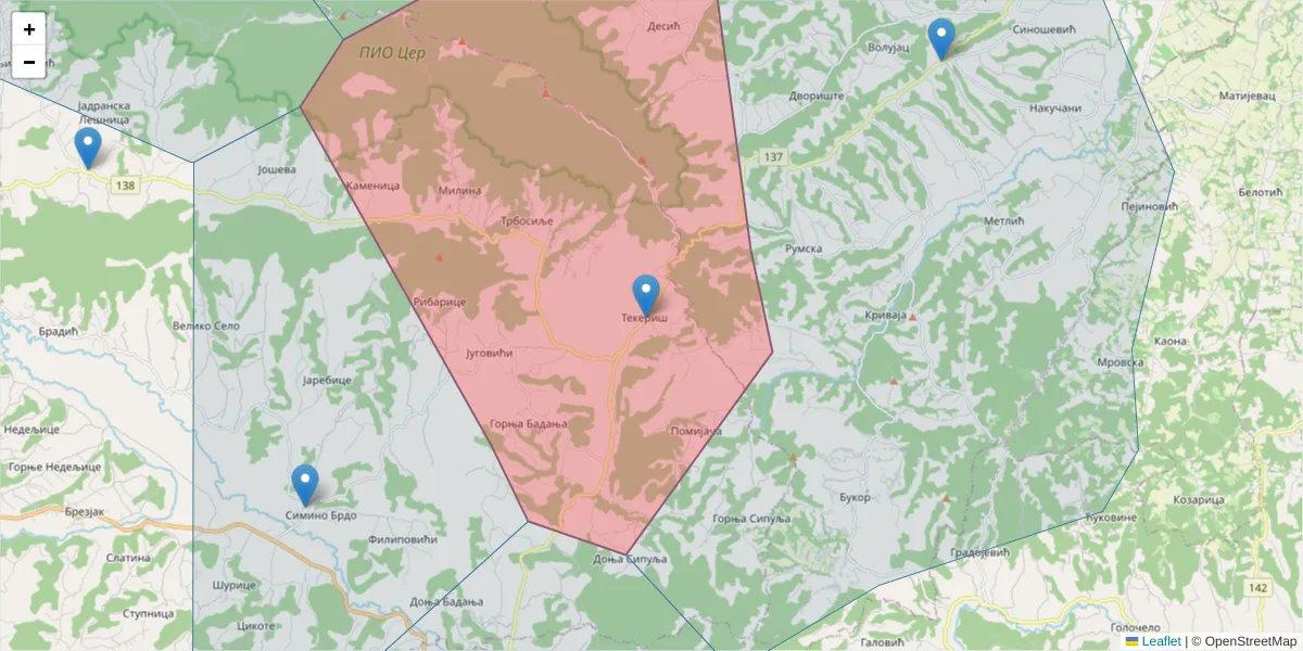 Mapa poštanskog broja  i okolnih poštanskih brojeva u Srbiji