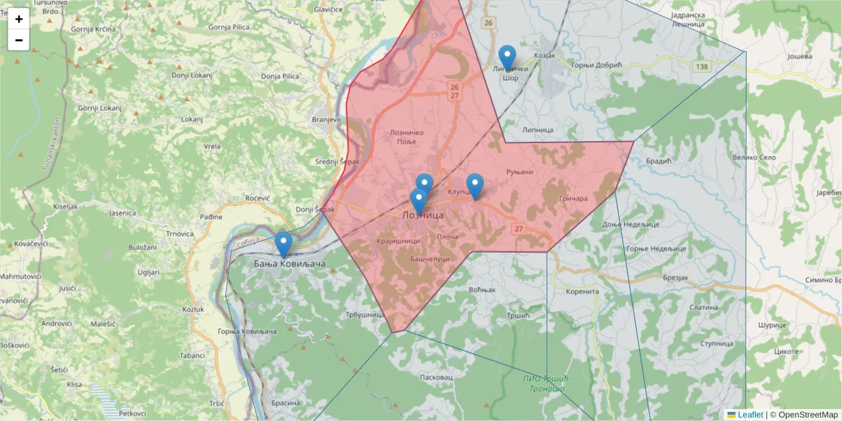 Mapa poštanskog broja  i okolnih poštanskih brojeva u Srbiji