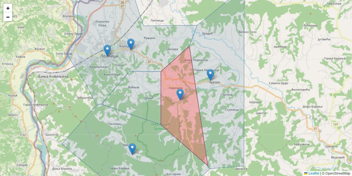 Mapa poštanskog broja  i okolnih poštanskih brojeva u Srbiji