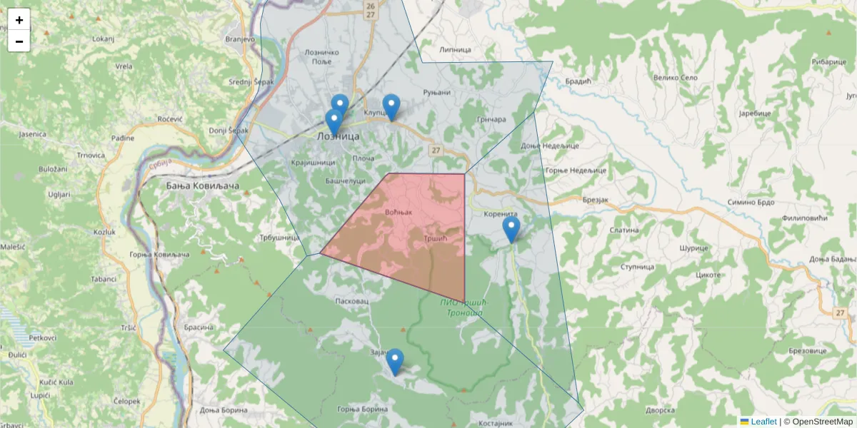 Mapa poštanskog broja  i okolnih poštanskih brojeva u Srbiji