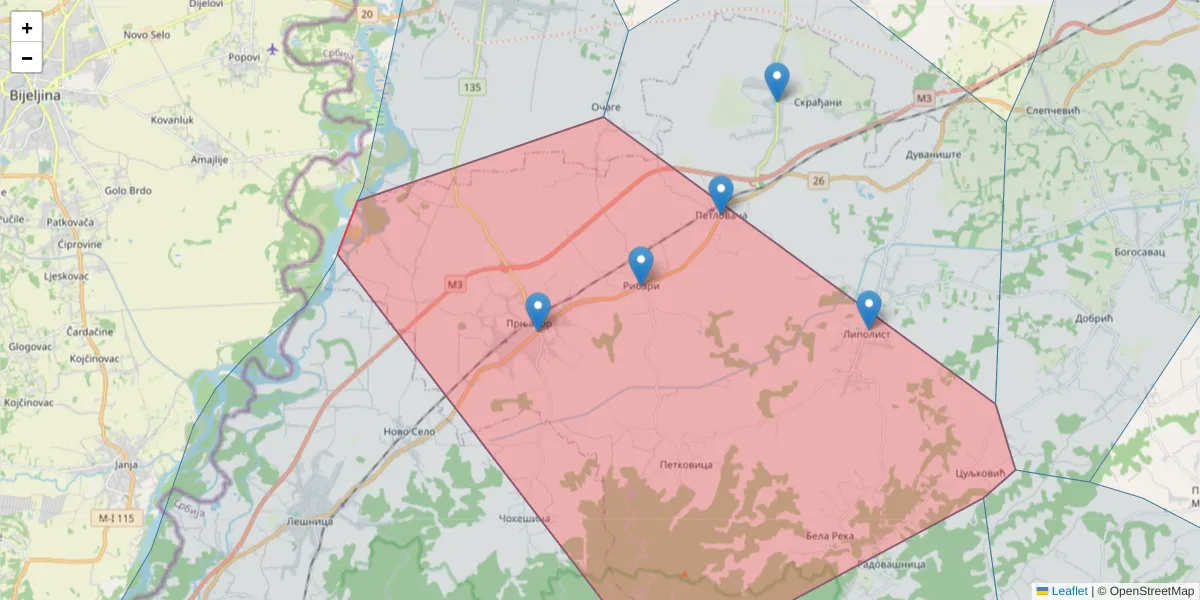 Mapa poštanskog broja  i okolnih poštanskih brojeva u Srbiji
