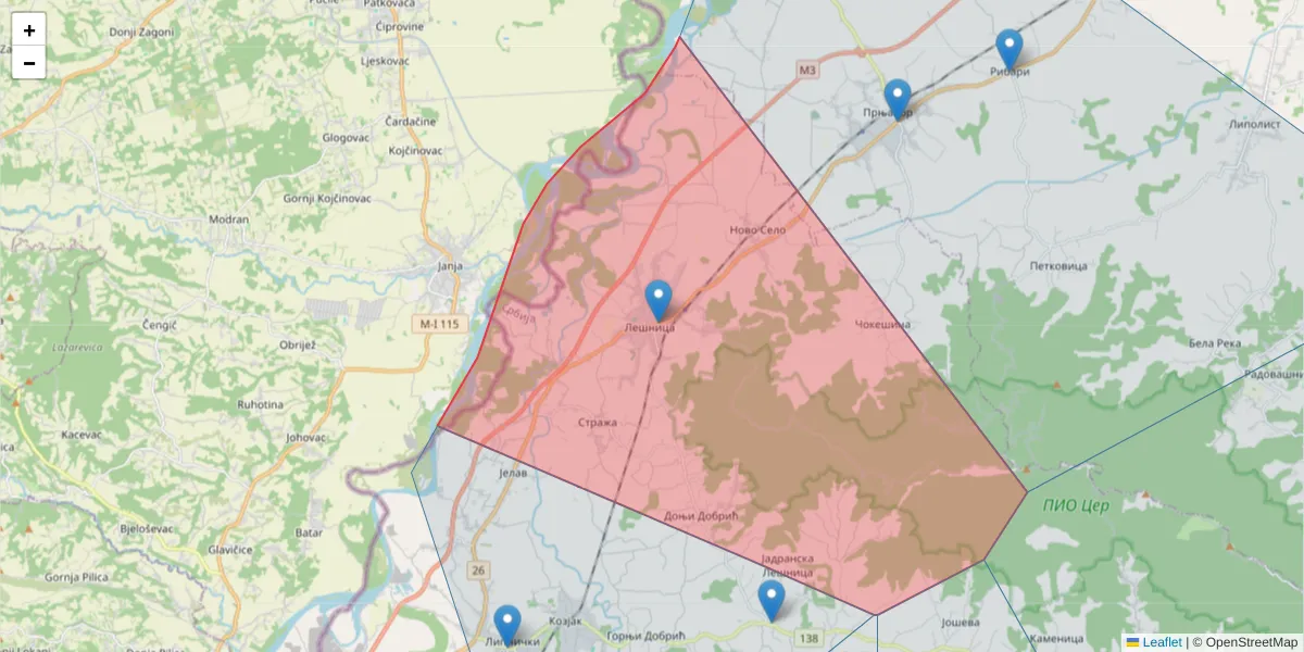 Mapa poštanskog broja  i okolnih poštanskih brojeva u Srbiji