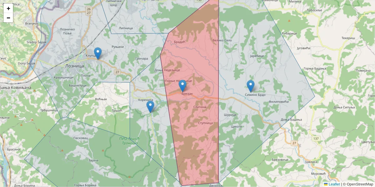 Mapa poštanskog broja  i okolnih poštanskih brojeva u Srbiji