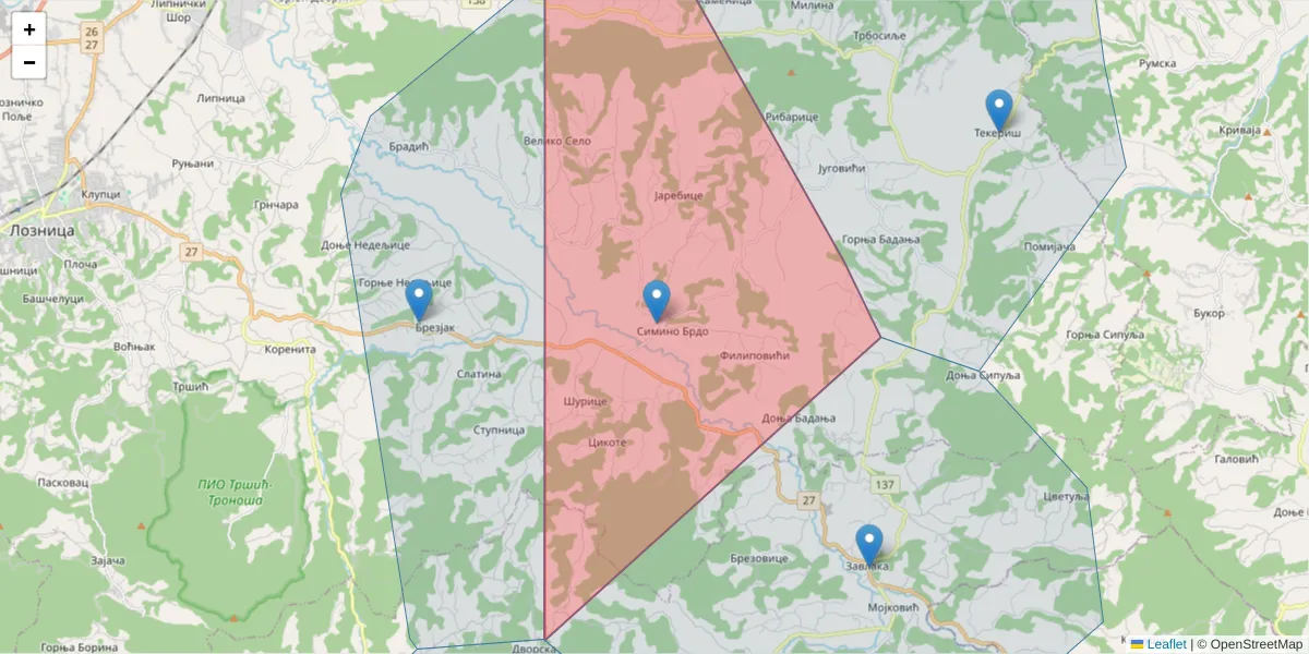 Mapa poštanskog broja  i okolnih poštanskih brojeva u Srbiji