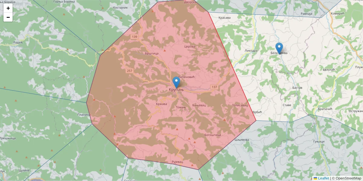 Mapa poštanskog broja  i okolnih poštanskih brojeva u Srbiji