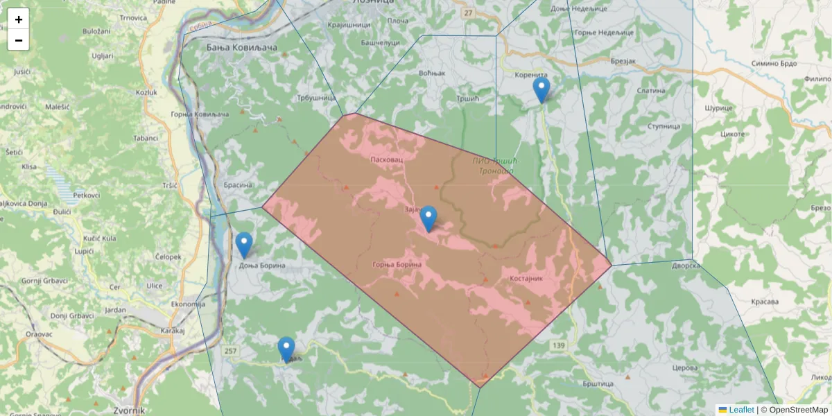 Mapa poštanskog broja  i okolnih poštanskih brojeva u Srbiji