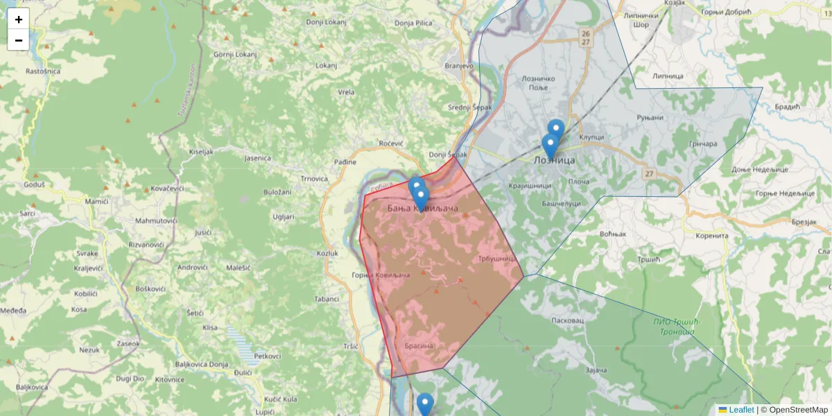 Mapa poštanskog broja  i okolnih poštanskih brojeva u Srbiji