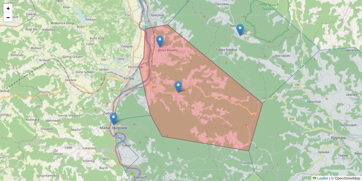 Mapa poštanskog broja  i okolnih poštanskih brojeva u Srbiji