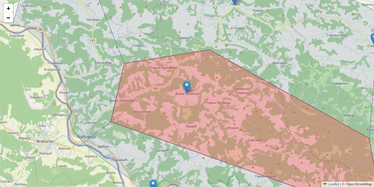 Mapa poštanskog broja  i okolnih poštanskih brojeva u Srbiji