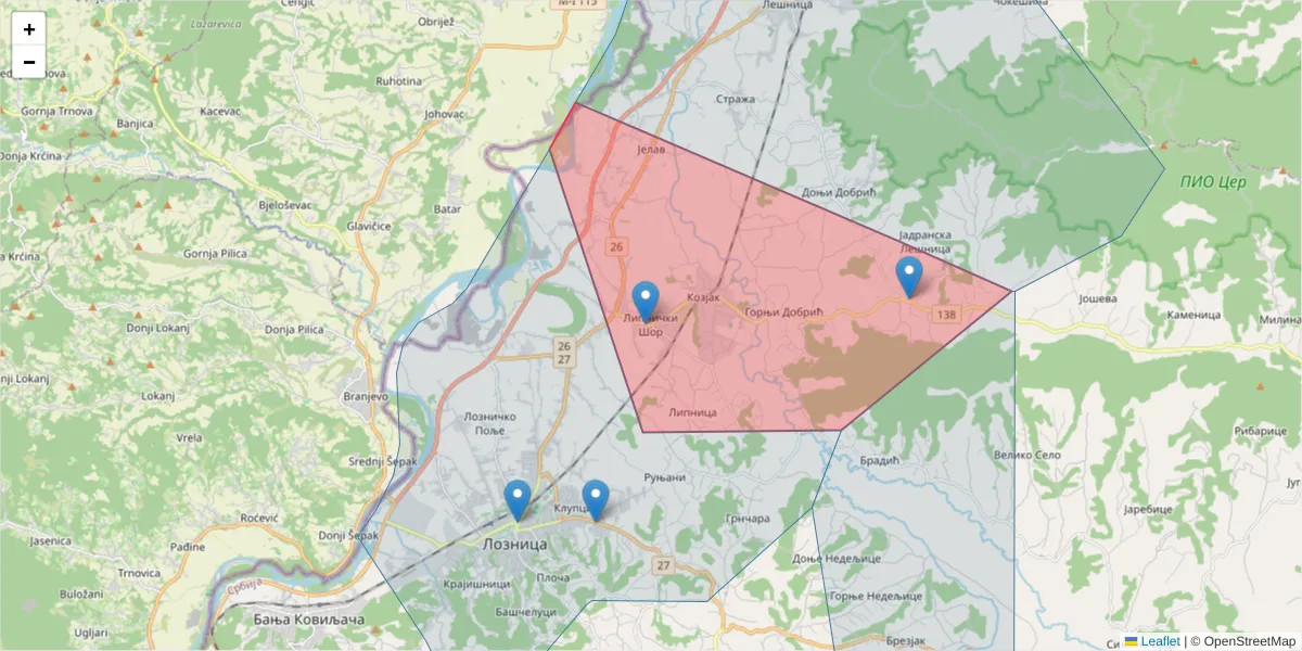 Mapa poštanskog broja  i okolnih poštanskih brojeva u Srbiji