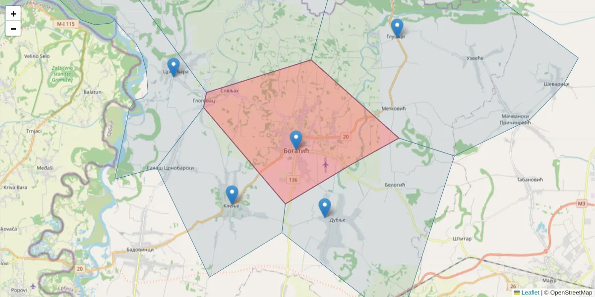 Mapa poštanskog broja  i okolnih poštanskih brojeva u Srbiji
