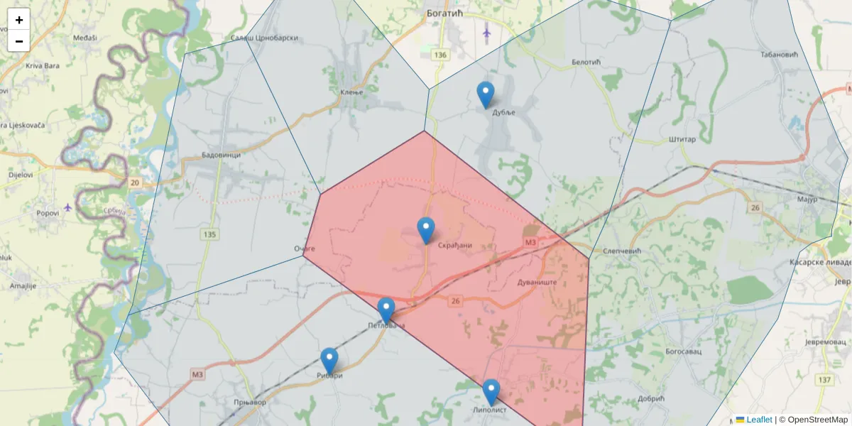 Mapa poštanskog broja  i okolnih poštanskih brojeva u Srbiji