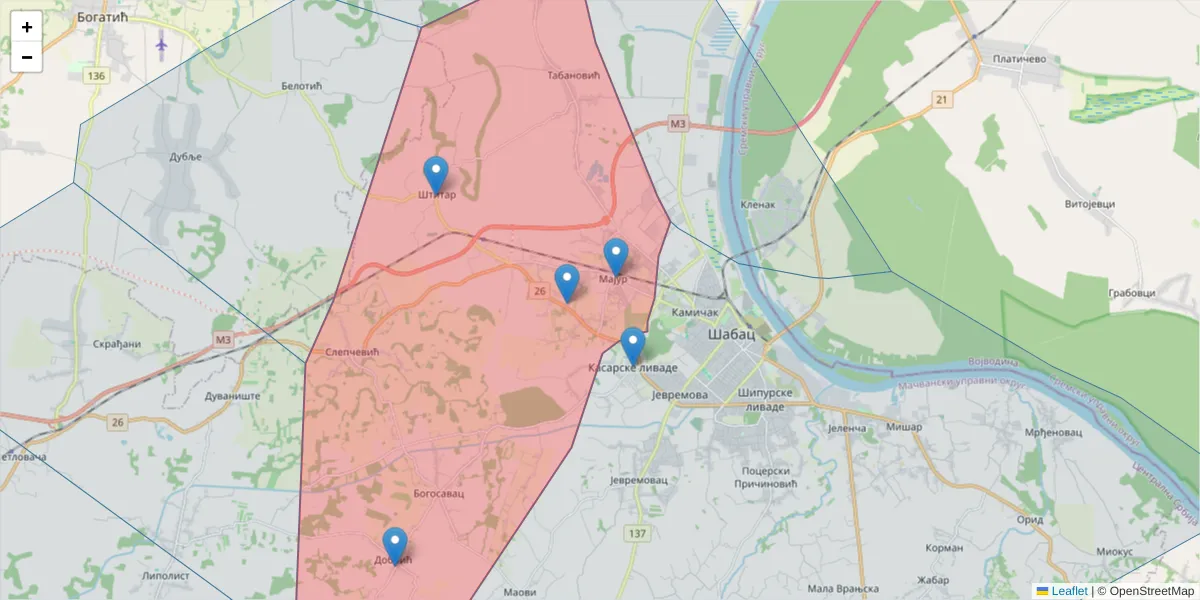 Mapa poštanskog broja  i okolnih poštanskih brojeva u Srbiji