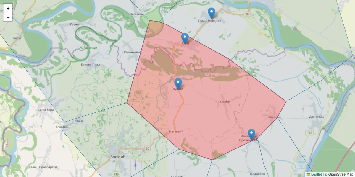 Mapa poštanskog broja  i okolnih poštanskih brojeva u Srbiji