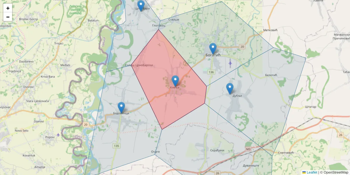 Mapa poštanskog broja  i okolnih poštanskih brojeva u Srbiji