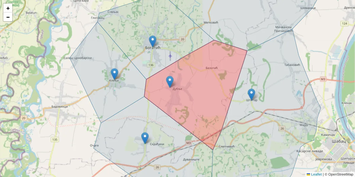 Mapa poštanskog broja  i okolnih poštanskih brojeva u Srbiji