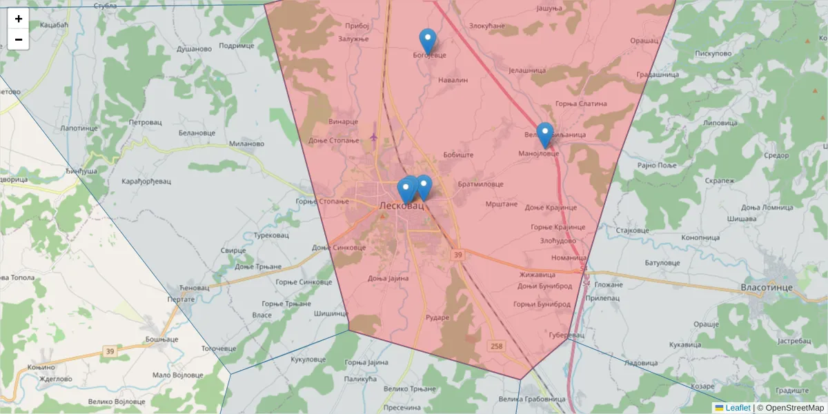 Mapa poštanskog broja  i okolnih poštanskih brojeva u Srbiji