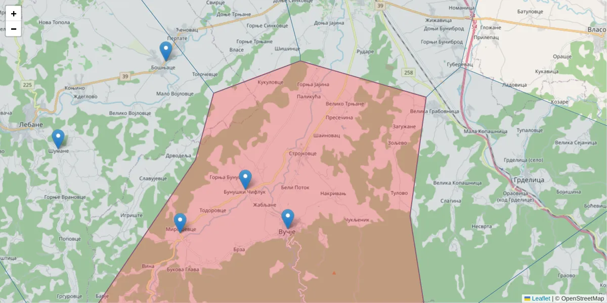 Mapa poštanskog broja  i okolnih poštanskih brojeva u Srbiji