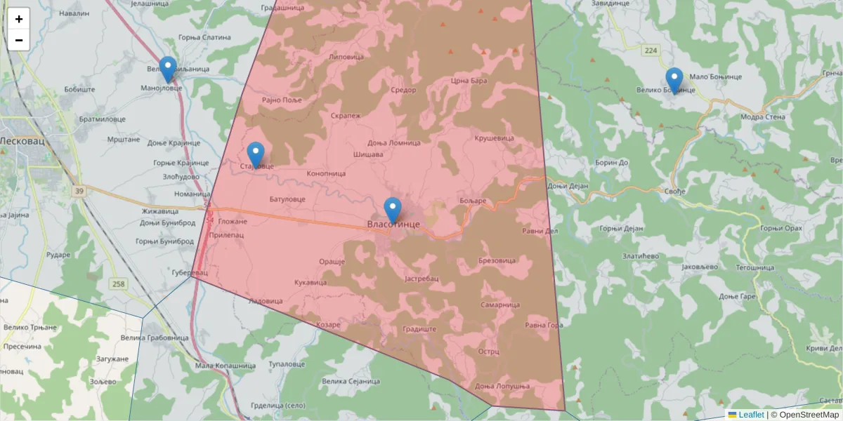 Mapa poštanskog broja  i okolnih poštanskih brojeva u Srbiji