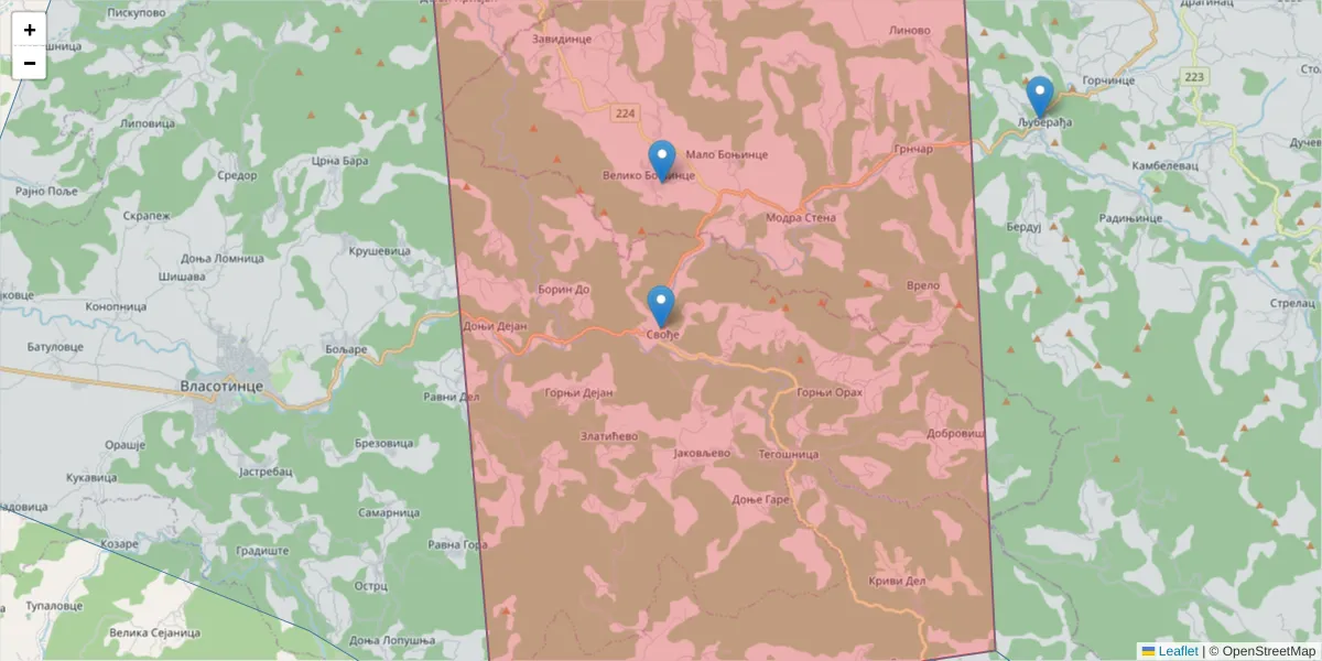 Mapa poštanskog broja  i okolnih poštanskih brojeva u Srbiji