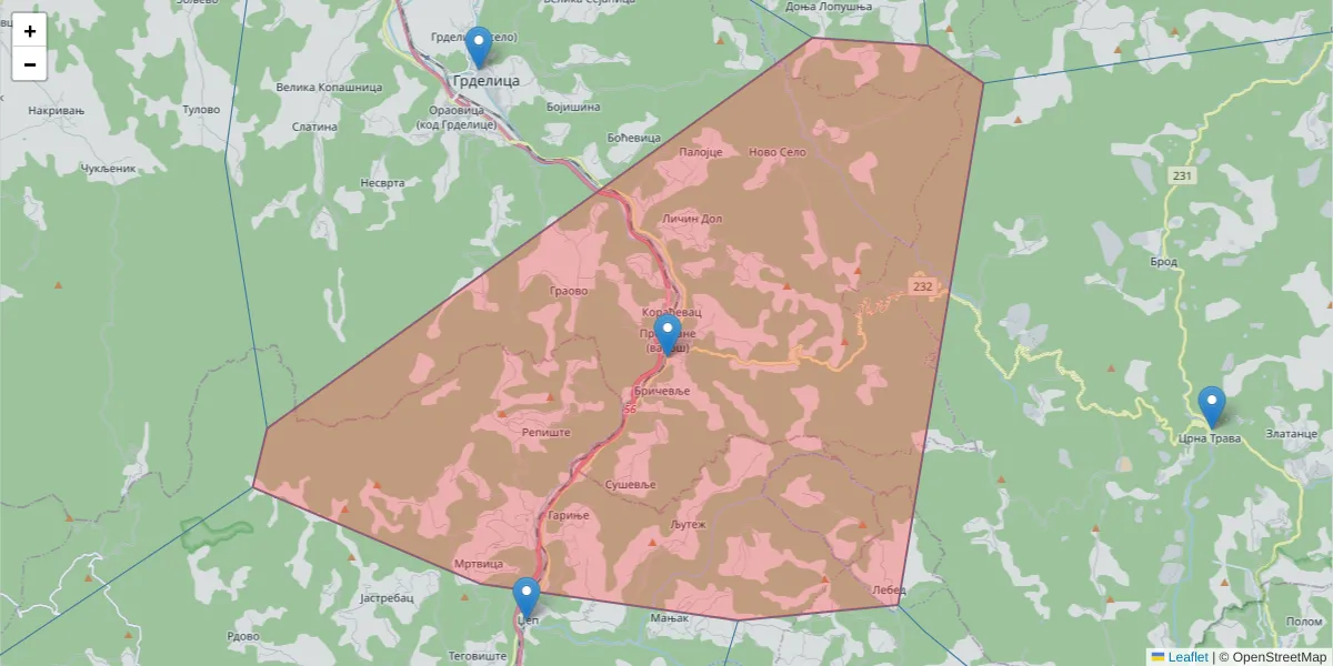 Mapa poštanskog broja  i okolnih poštanskih brojeva u Srbiji