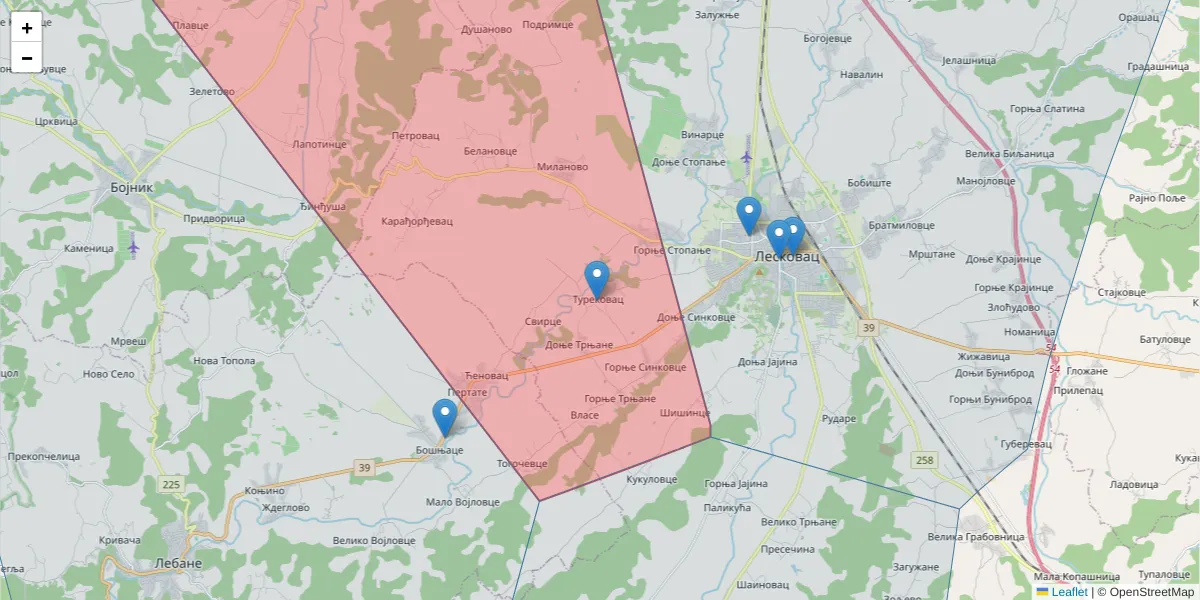 Mapa poštanskog broja  i okolnih poštanskih brojeva u Srbiji