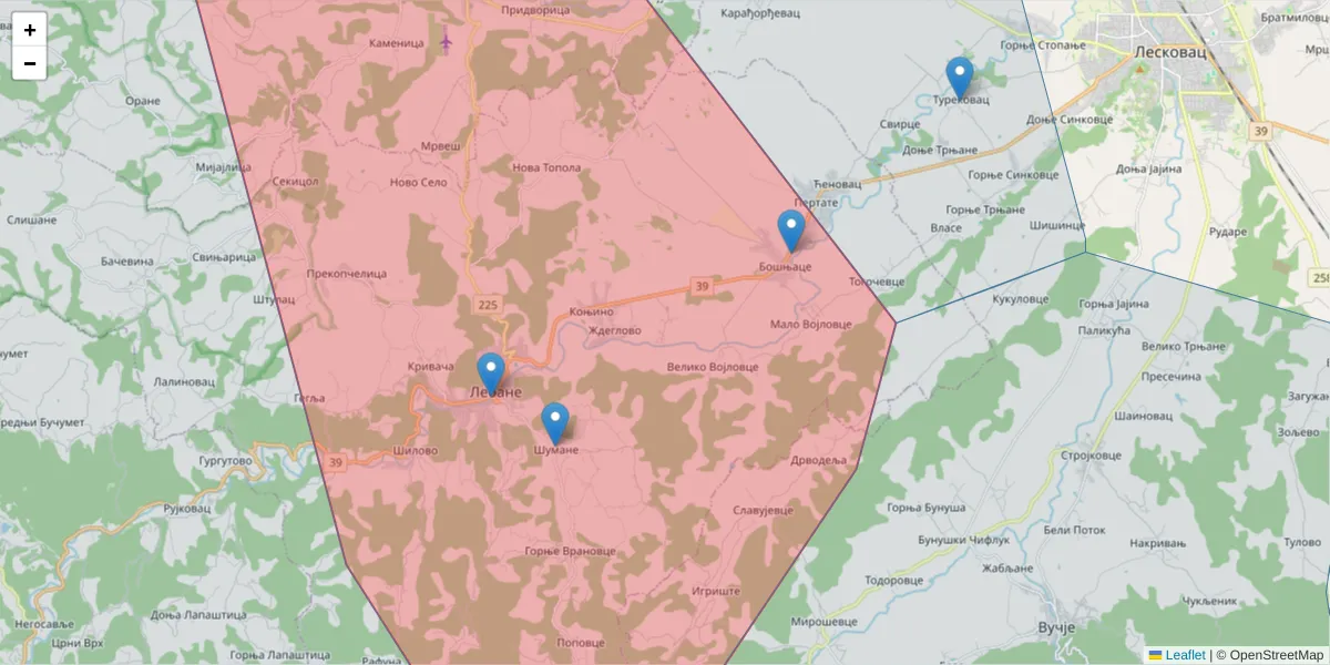 Mapa poštanskog broja  i okolnih poštanskih brojeva u Srbiji