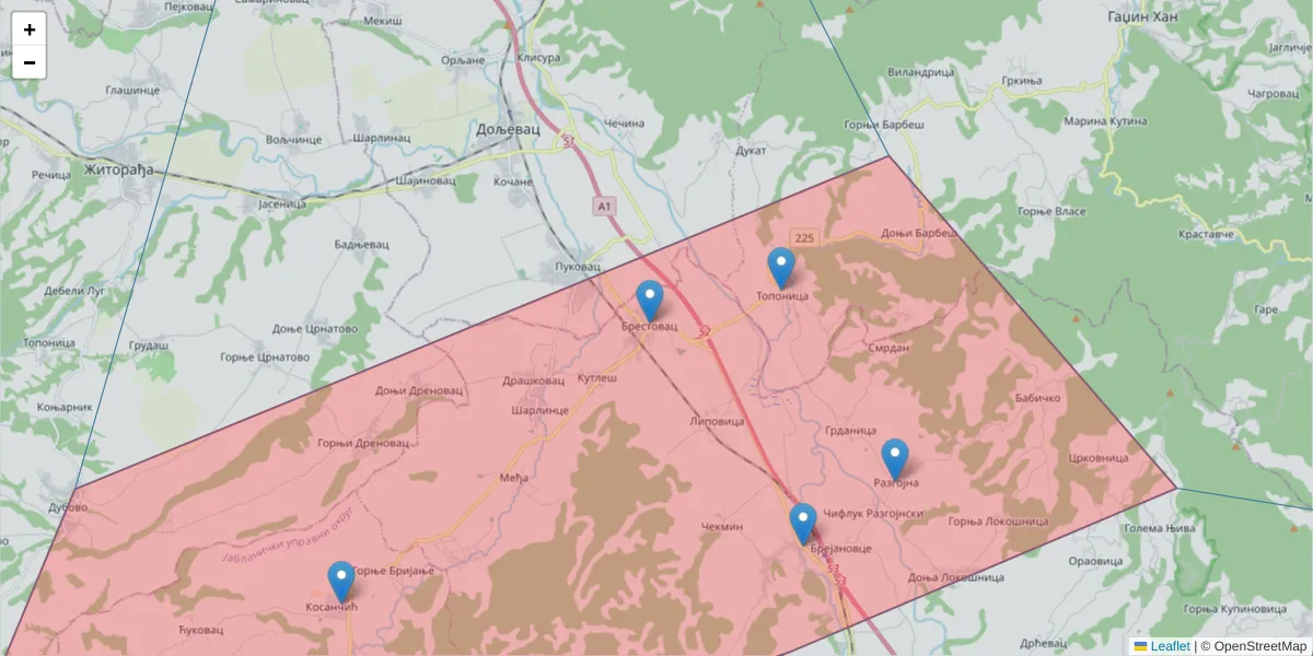 Mapa poštanskog broja  i okolnih poštanskih brojeva u Srbiji