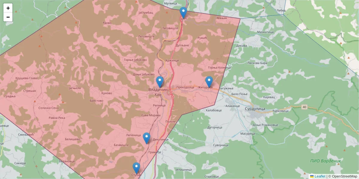 Mapa poštanskog broja  i okolnih poštanskih brojeva u Srbiji