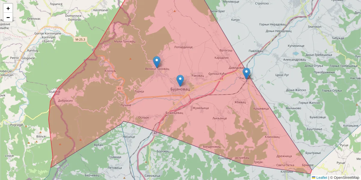 Mapa poštanskog broja  i okolnih poštanskih brojeva u Srbiji