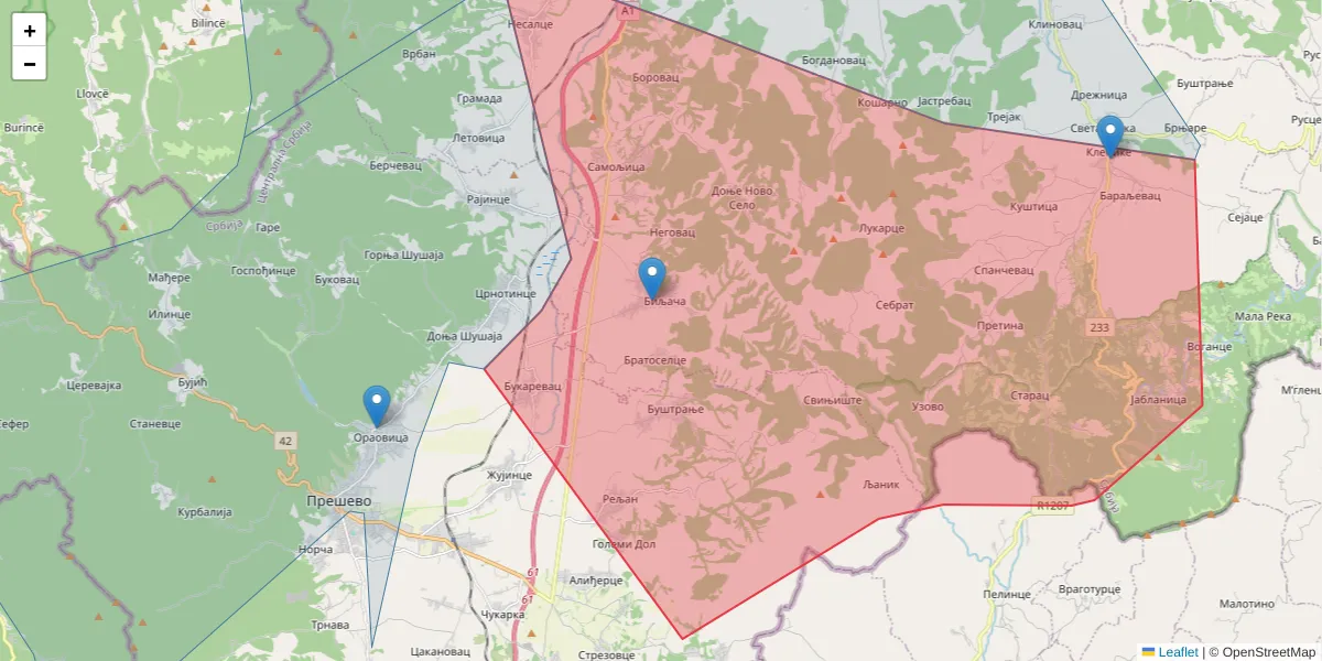 Mapa poštanskog broja  i okolnih poštanskih brojeva u Srbiji