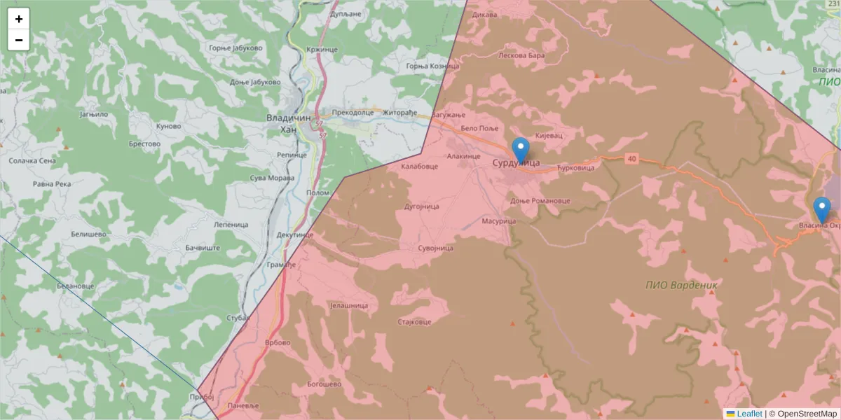 Mapa poštanskog broja  i okolnih poštanskih brojeva u Srbiji