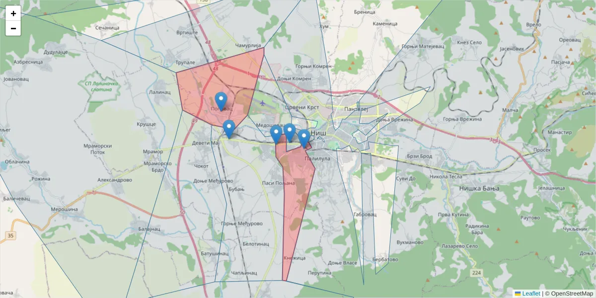 Mapa poštanskog broja  i okolnih poštanskih brojeva u Srbiji