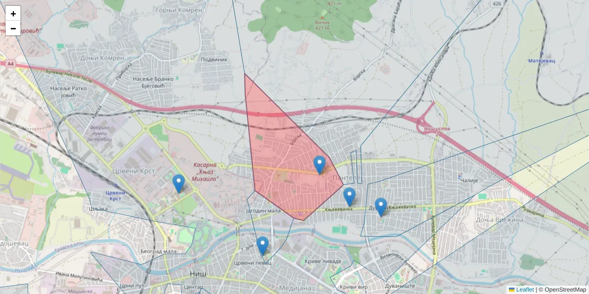 Mapa poštanskog broja  i okolnih poštanskih brojeva u Srbiji
