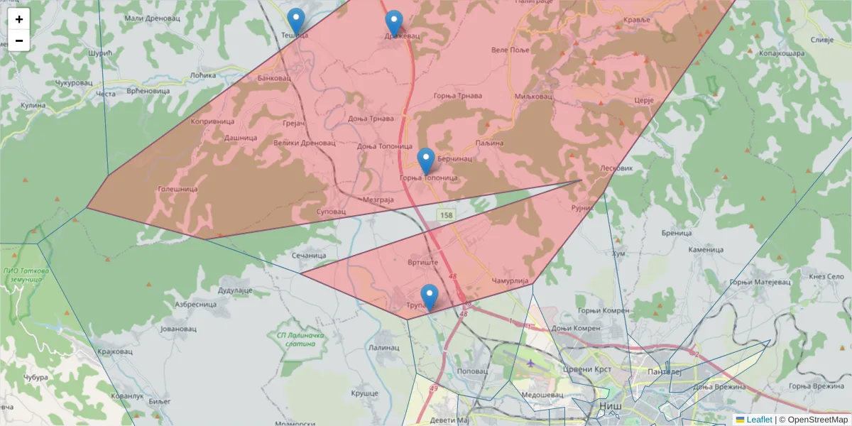 Mapa poštanskog broja  i okolnih poštanskih brojeva u Srbiji