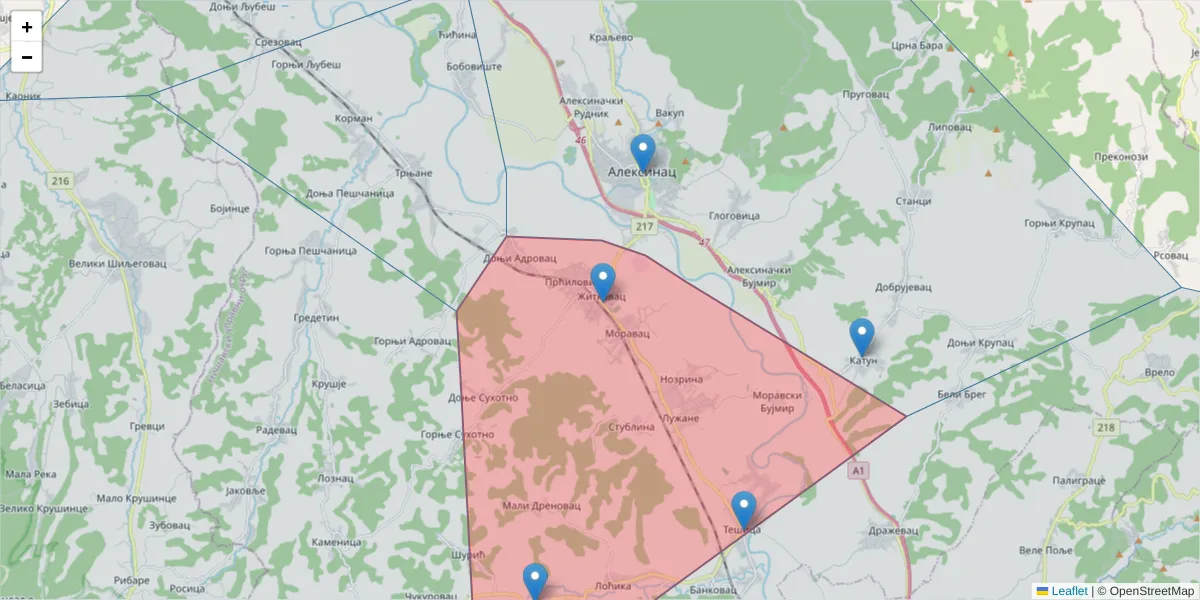 Mapa poštanskog broja  i okolnih poštanskih brojeva u Srbiji