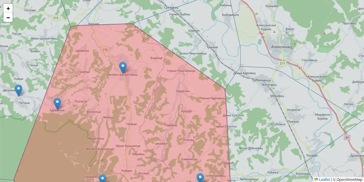 Mapa poštanskog broja  i okolnih poštanskih brojeva u Srbiji