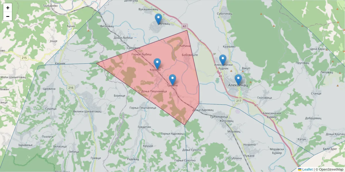 Mapa poštanskog broja  i okolnih poštanskih brojeva u Srbiji