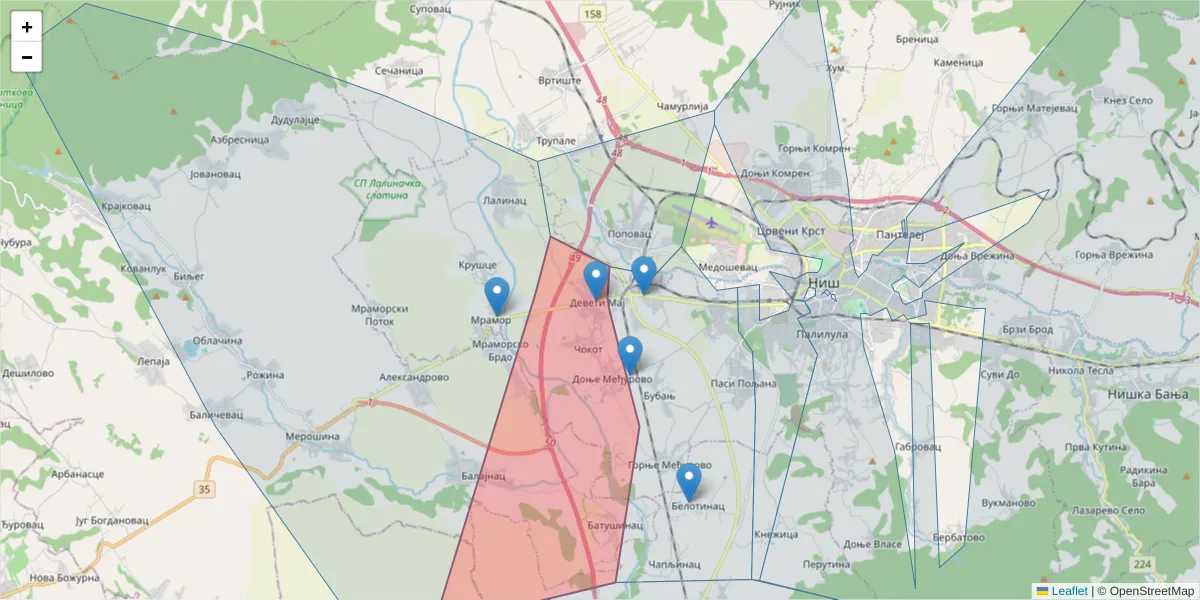Mapa poštanskog broja  i okolnih poštanskih brojeva u Srbiji