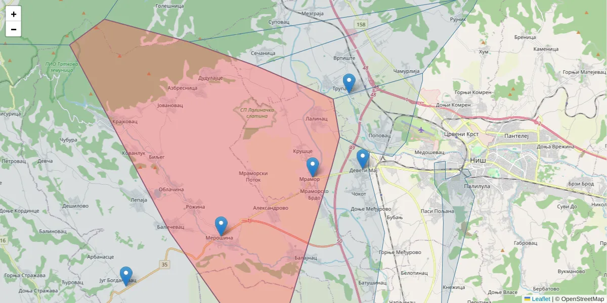 Mapa poštanskog broja  i okolnih poštanskih brojeva u Srbiji