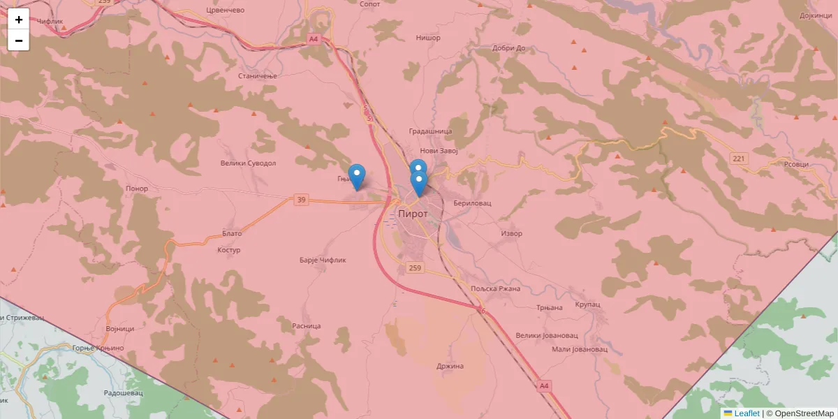 Mapa poštanskog broja  i okolnih poštanskih brojeva u Srbiji