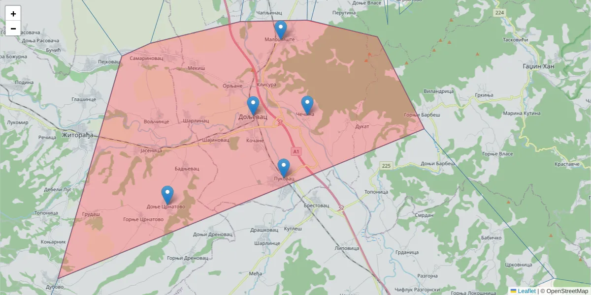 Mapa poštanskog broja  i okolnih poštanskih brojeva u Srbiji