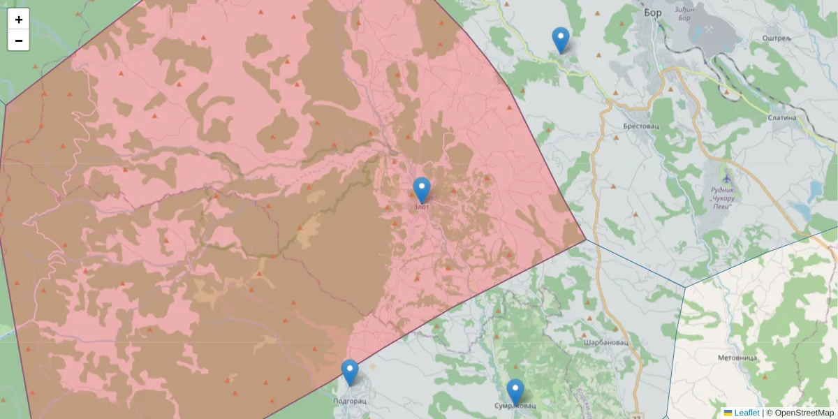 Mapa poštanskog broja  i okolnih poštanskih brojeva u Srbiji