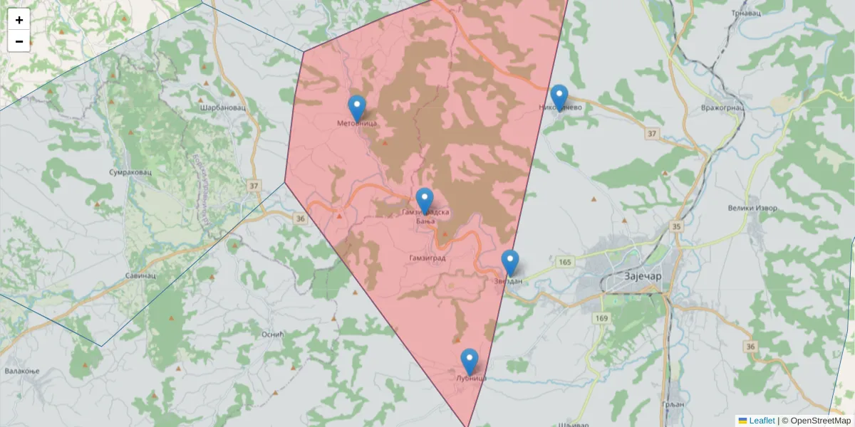 Mapa poštanskog broja  i okolnih poštanskih brojeva u Srbiji