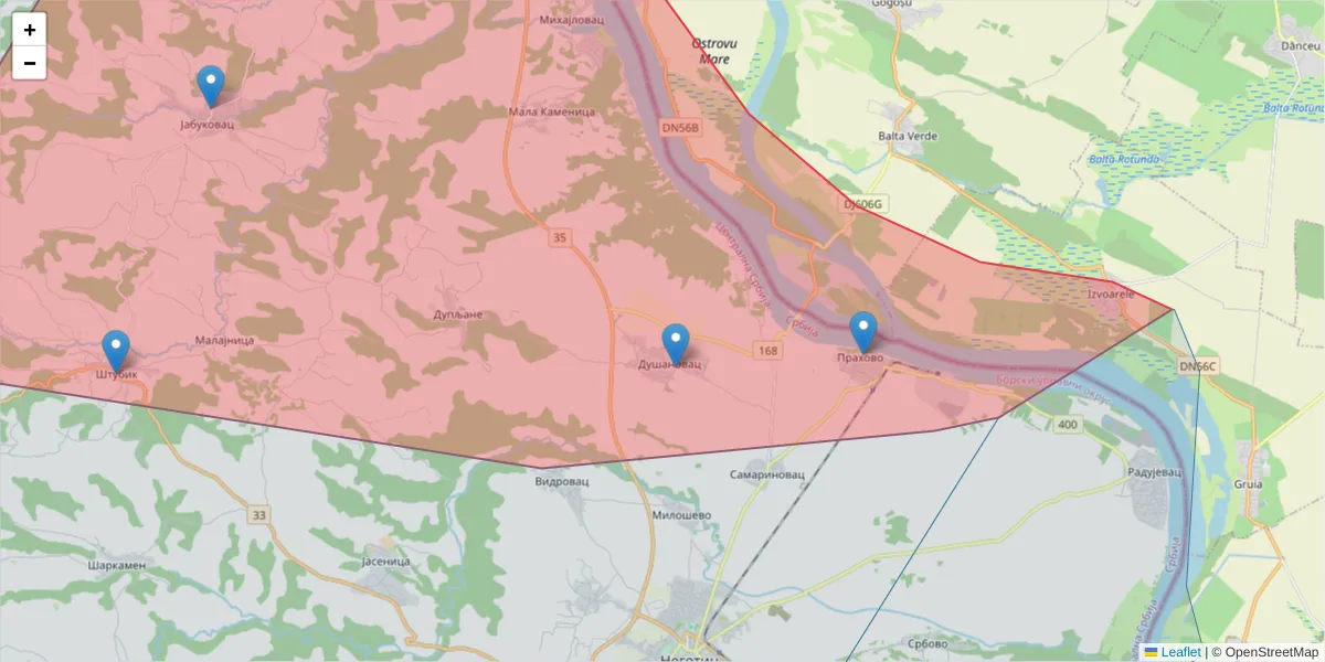 Mapa poštanskog broja  i okolnih poštanskih brojeva u Srbiji