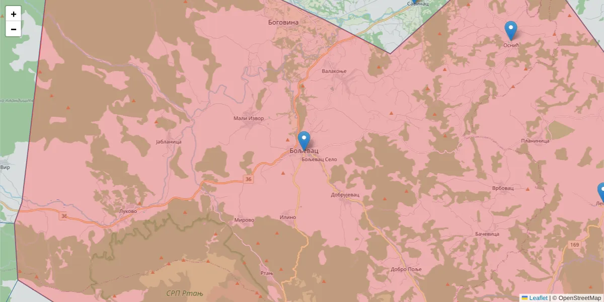 Mapa poštanskog broja  i okolnih poštanskih brojeva u Srbiji