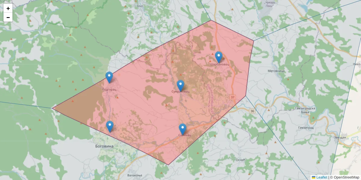 Mapa poštanskog broja  i okolnih poštanskih brojeva u Srbiji