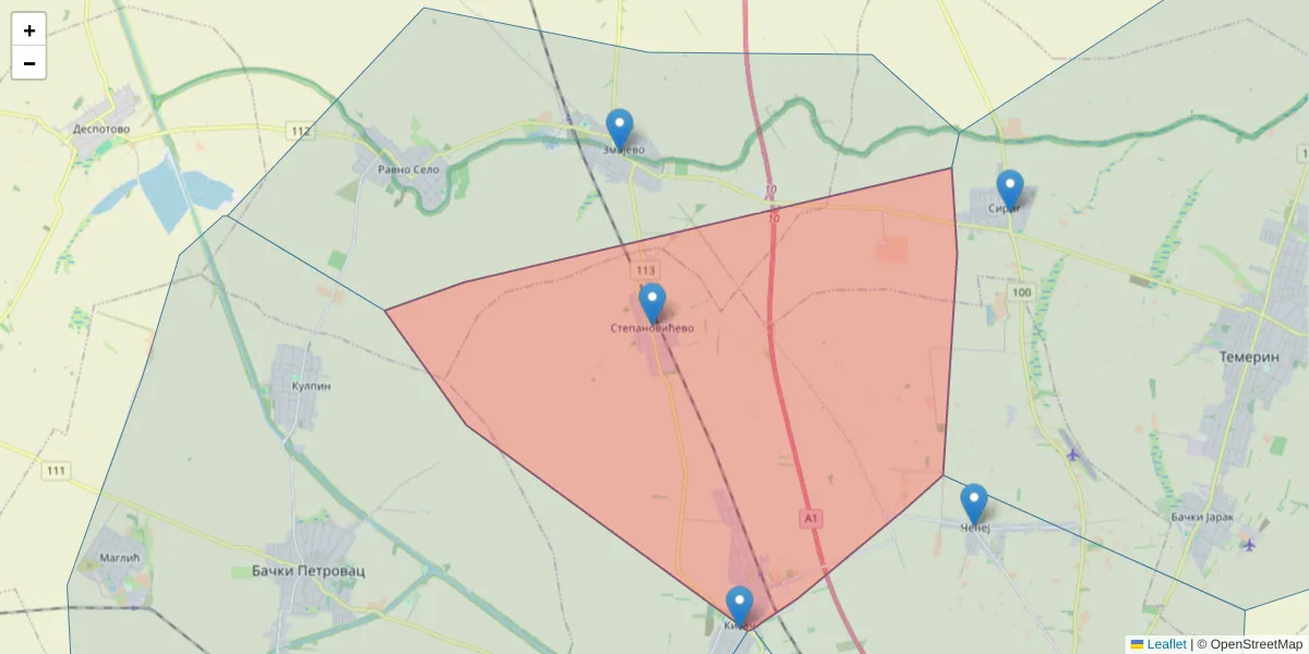 Mapa poštanskog broja  i okolnih poštanskih brojeva u Srbiji