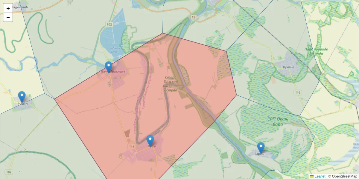 Mapa poštanskog broja  i okolnih poštanskih brojeva u Srbiji