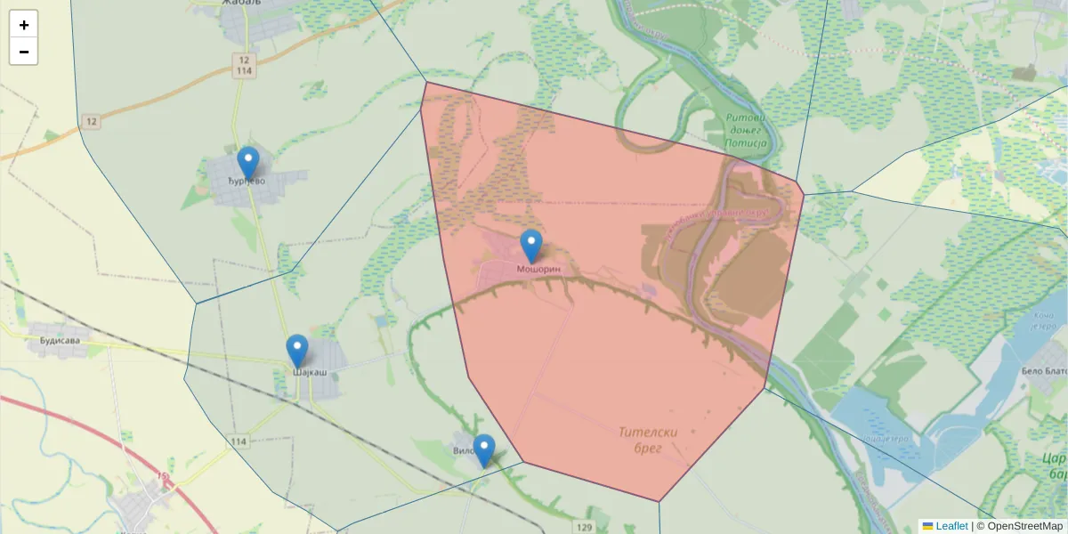 Mapa poštanskog broja  i okolnih poštanskih brojeva u Srbiji
